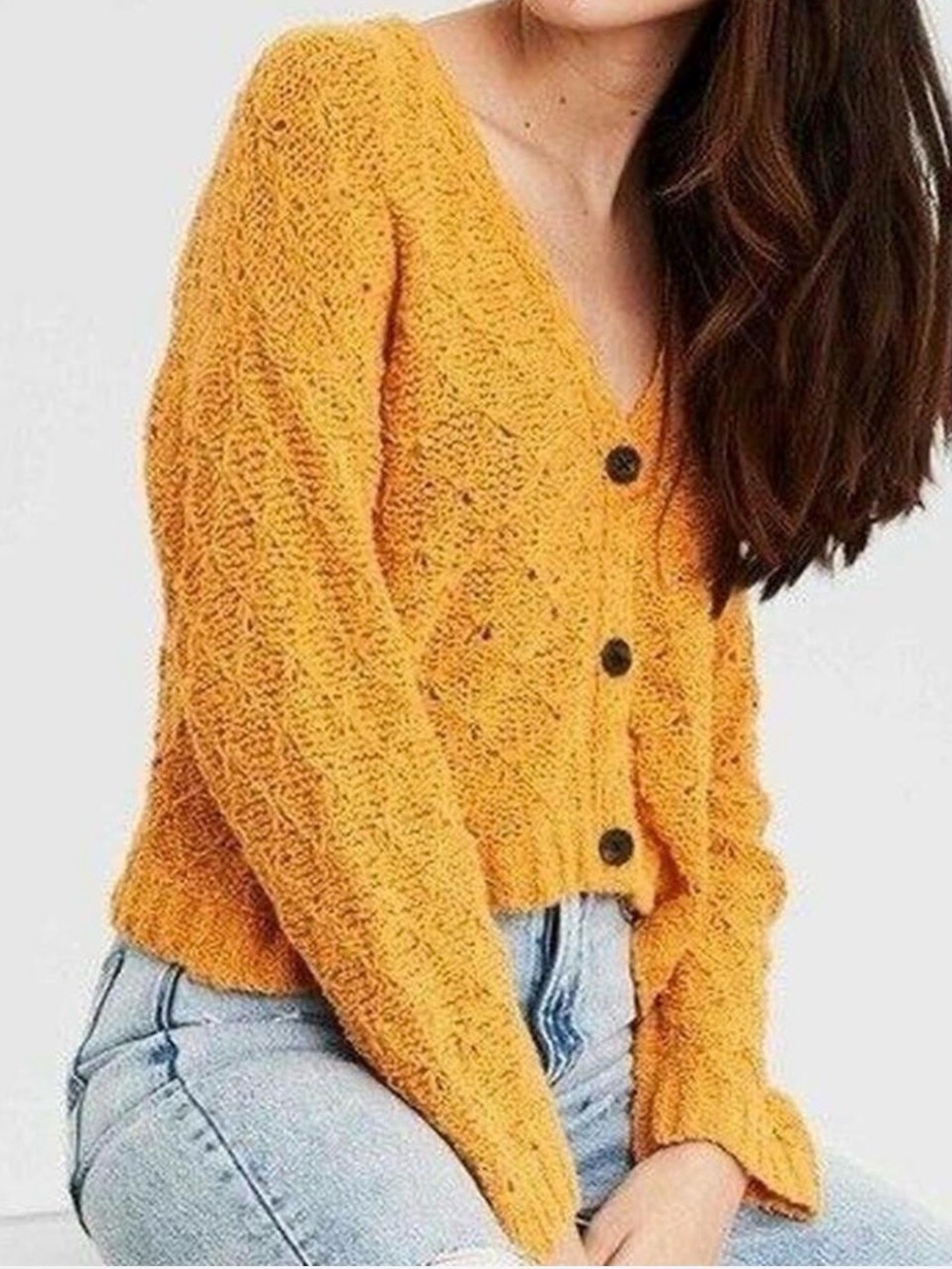 American Eagle Outfitters Chunky V-Neck Button Cardigan - Mustard Yellow